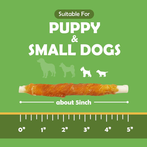 MON2SUN Dog Treats, 5 Inch Chicken Wrapped Rawhide Sticks, 8.82 oz | Long-lasting Chew Engagement, Dental-friendly Chewing Support, Sized for Puppies and Small Dogs
