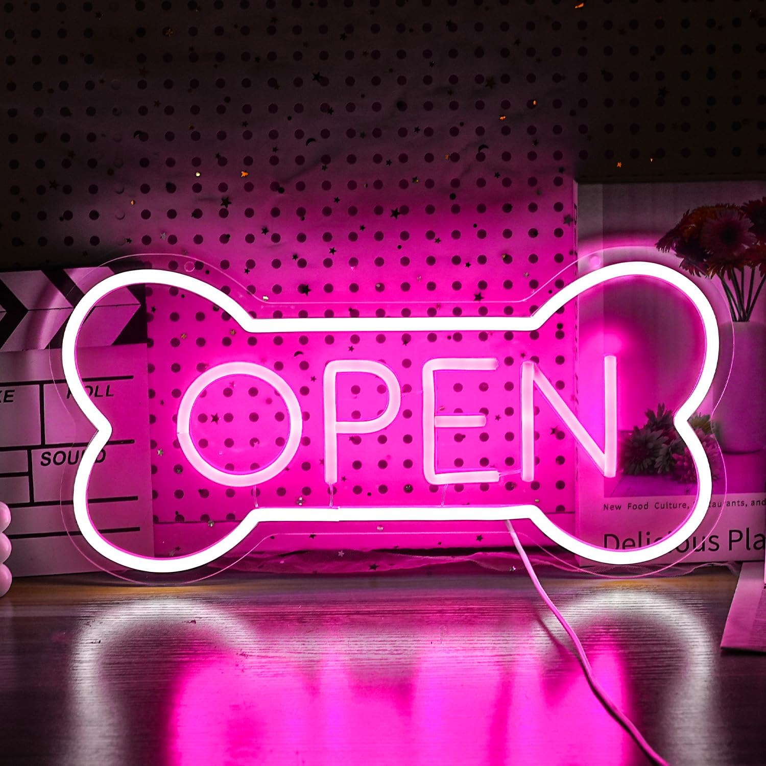 Dog Bone Neon Open Sign for Pet Shop Wall Decor | LED "OPEN" sign in dog bone shape, USB powered. Perfect for pet shops, salons, bars & hotels. Window/wall art.