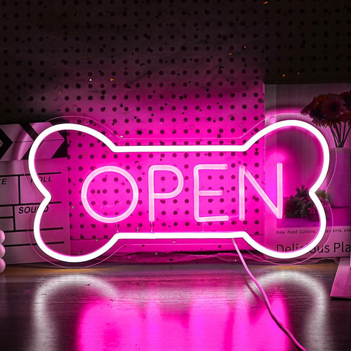 Dog Bone Neon Open Sign for Pet Shop Wall Decor | LED "OPEN" sign in dog bone shape, USB powered. Perfect for pet shops, salons, bars & hotels. Window/wall art.
