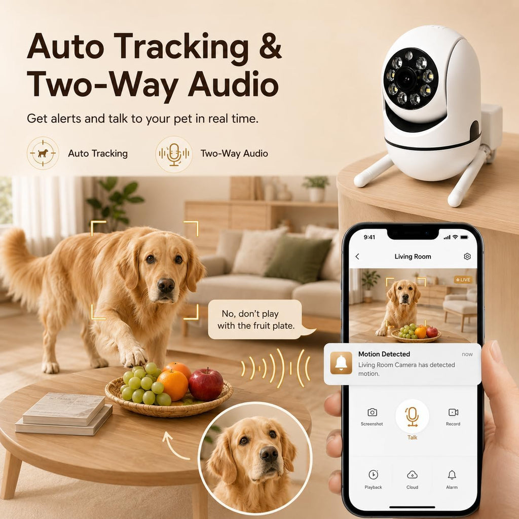 Pet Camera Indoor with Phone App, Dog Camera for Home Alone Pets | Wired USB Power, WiFi Pan-Tilt Control, Night Vision, Auto Tracking, Two-Way Audio, SD/Cloud Storage, Indoor Security Use