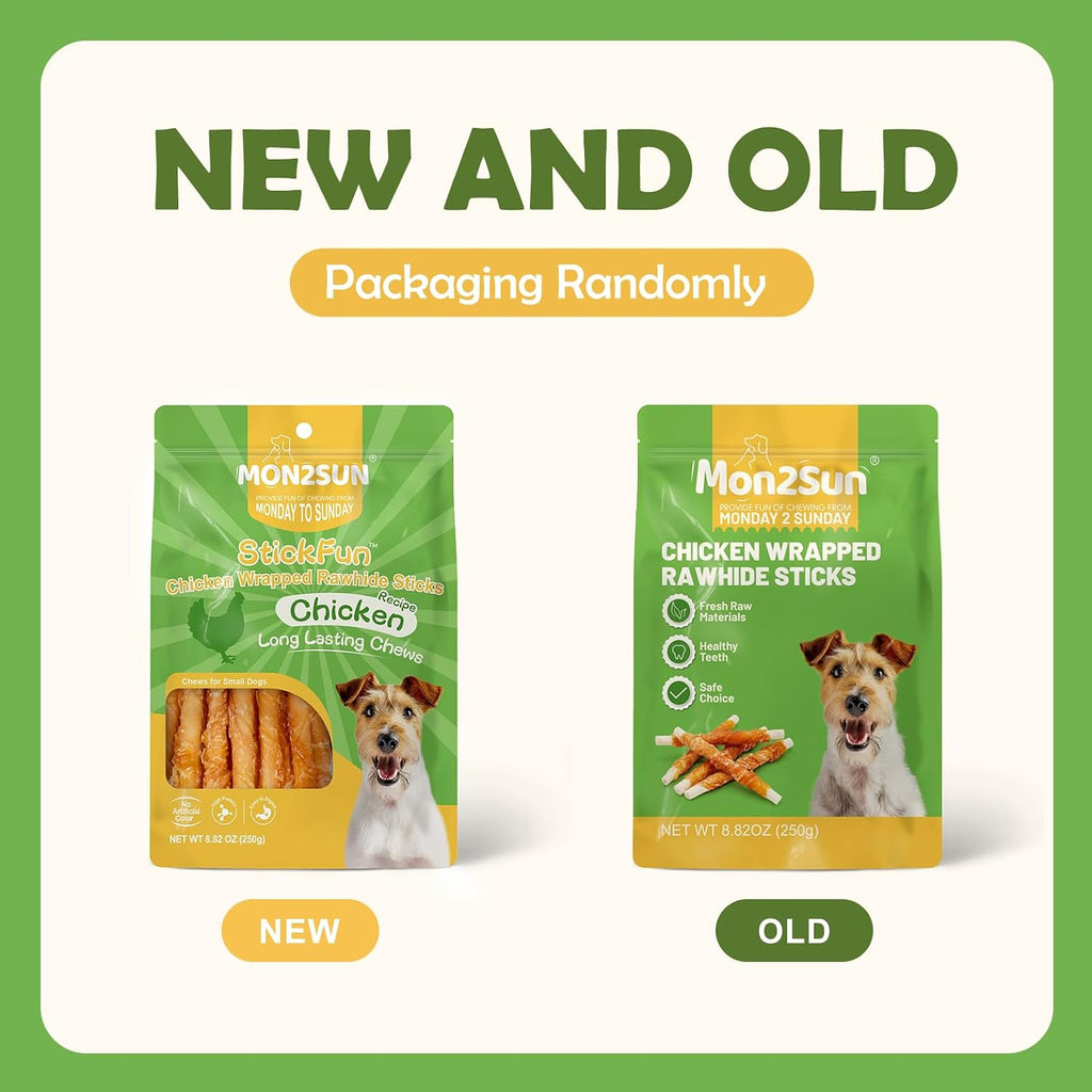 MON2SUN Dog Treats, 5 Inch Chicken Wrapped Rawhide Sticks, 8.82 oz | Long-lasting Chew Engagement, Dental-friendly Chewing Support, Sized for Puppies and Small Dogs