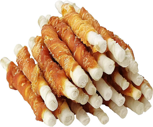 MON2SUN Dog Treats, 5 Inch Chicken Wrapped Rawhide Sticks, 8.82 oz | Long-lasting Chew Engagement, Dental-friendly Chewing Support, Sized for Puppies and Small Dogs