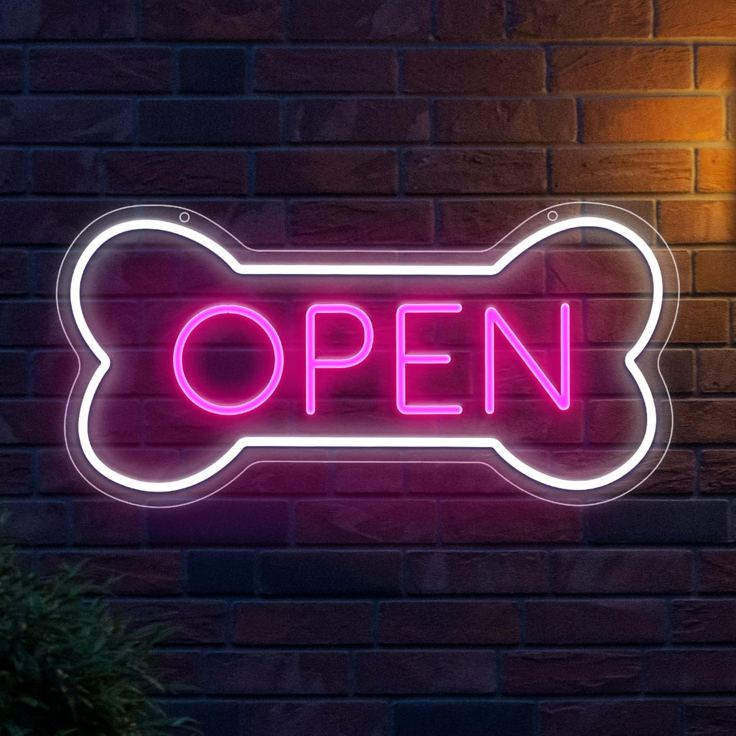 Dog Bone Neon Open Sign for Pet Shop Wall Decor | LED "OPEN" sign in dog bone shape, USB powered. Perfect for pet shops, salons, bars & hotels. Window/wall art.
