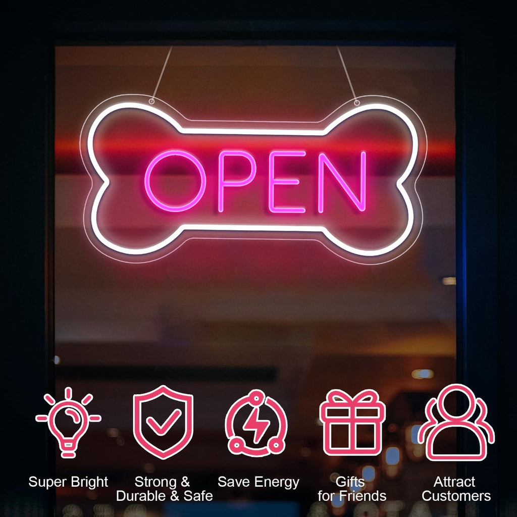 Dog Bone Neon Open Sign for Pet Shop Wall Decor | LED "OPEN" sign in dog bone shape, USB powered. Perfect for pet shops, salons, bars & hotels. Window/wall art.