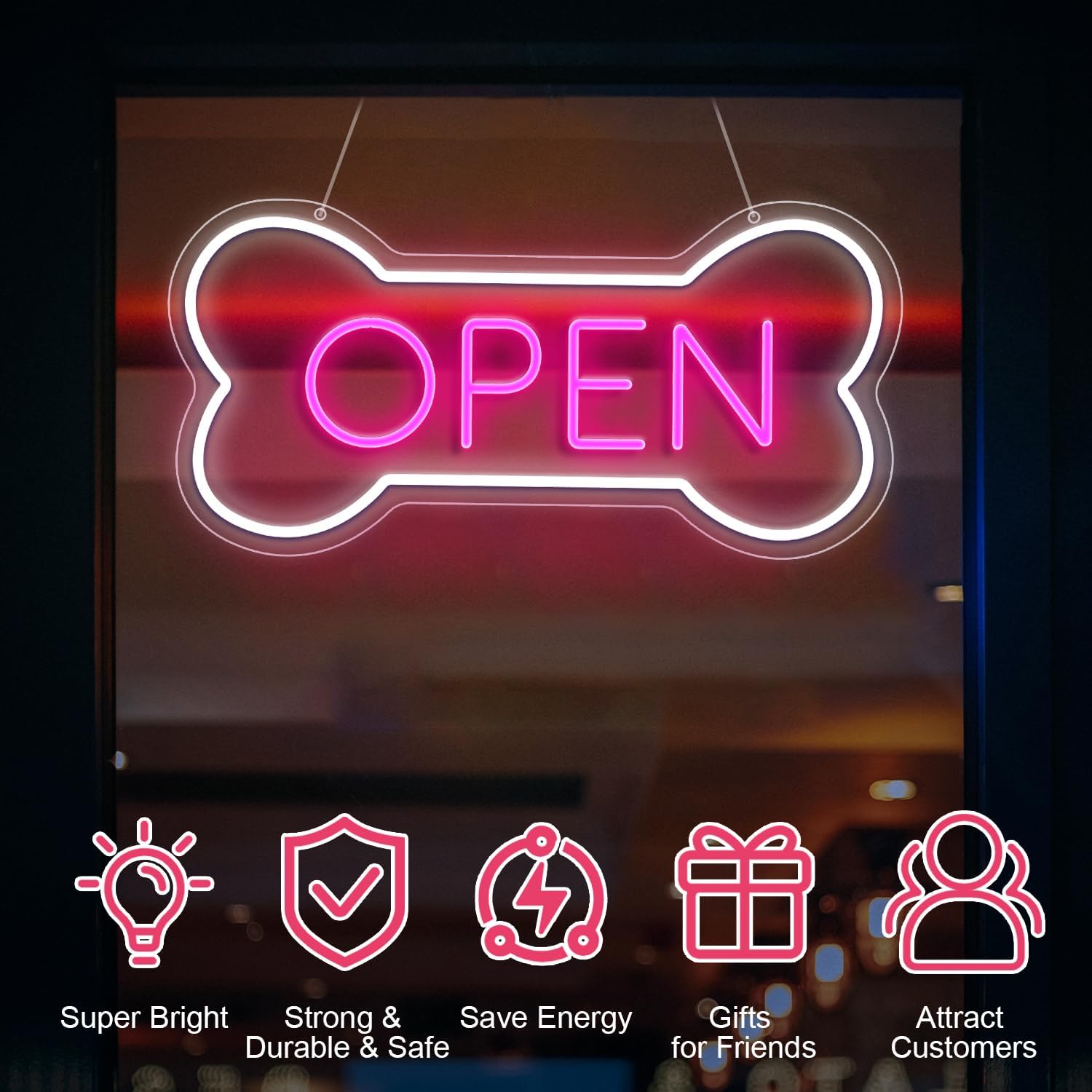 Dog Bone Neon Open Sign for Pet Shop Wall Decor | LED "OPEN" sign in dog bone shape, USB powered. Perfect for pet shops, salons, bars & hotels. Window/wall art.