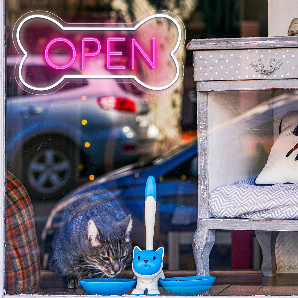 Dog Bone Neon Open Sign for Pet Shop Wall Decor | LED "OPEN" sign in dog bone shape, USB powered. Perfect for pet shops, salons, bars & hotels. Window/wall art.