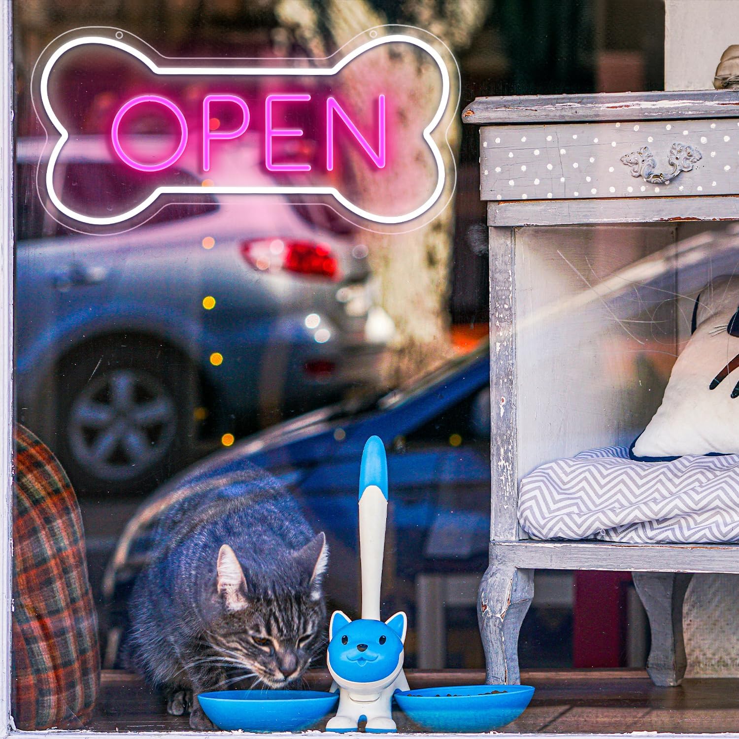 Dog Bone Neon Open Sign for Pet Shop Wall Decor | LED "OPEN" sign in dog bone shape, USB powered. Perfect for pet shops, salons, bars & hotels. Window/wall art.