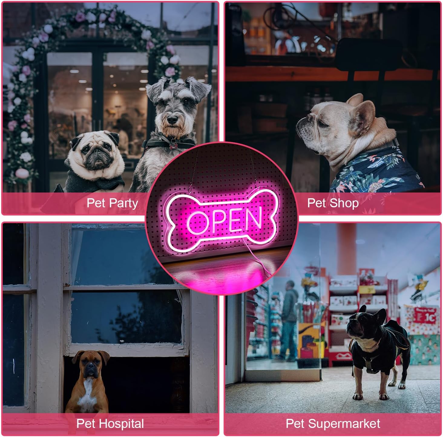 Dog Bone Neon Open Sign for Pet Shop Wall Decor | LED "OPEN" sign in dog bone shape, USB powered. Perfect for pet shops, salons, bars & hotels. Window/wall art.