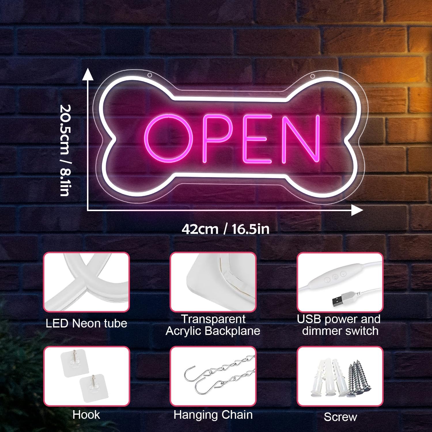 Dog Bone Neon Open Sign for Pet Shop Wall Decor | LED "OPEN" sign in dog bone shape, USB powered. Perfect for pet shops, salons, bars & hotels. Window/wall art.
